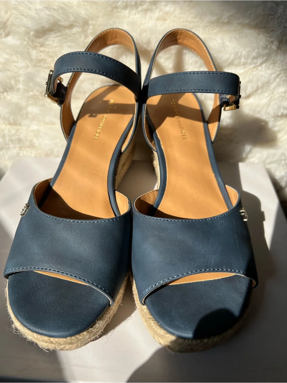 Tommy Hilfiger Navy Leather Espadrille Wedge Sandals